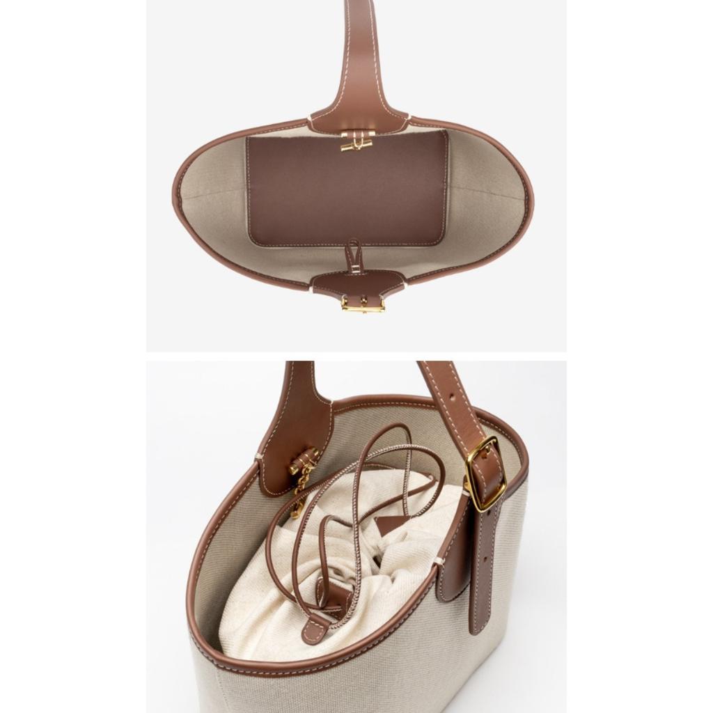 Women's Canvas & Genuine Leather Tote Bag, Small Bucket Shoulder Handbag, 20.8×13×15.7cm, for Work & Daily Use