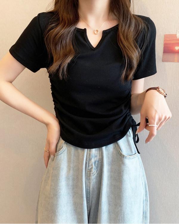 Designed V-neck Drawstring Slim Fit Pure Lust Style Short-sleeved T-shirt Women's 2024 Summer New Solid Color Student Top Trend