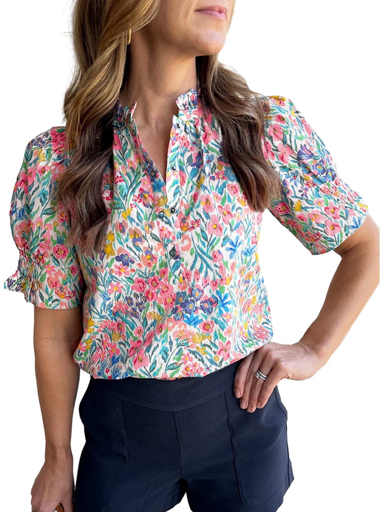 

Shiying 2024 Летний Цветочный Ретро Топ Свободного Кроя с Коротким Рукавом и Планкой до Середины S цветочные печати