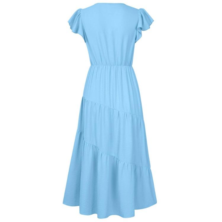 Vestido Feminino de Verão Casual Decote V Slim Cor Sólida Linha A Cintura Alta Camadas Vestidos Longos Primavera Manga Curta Folha de Lótus S-XL