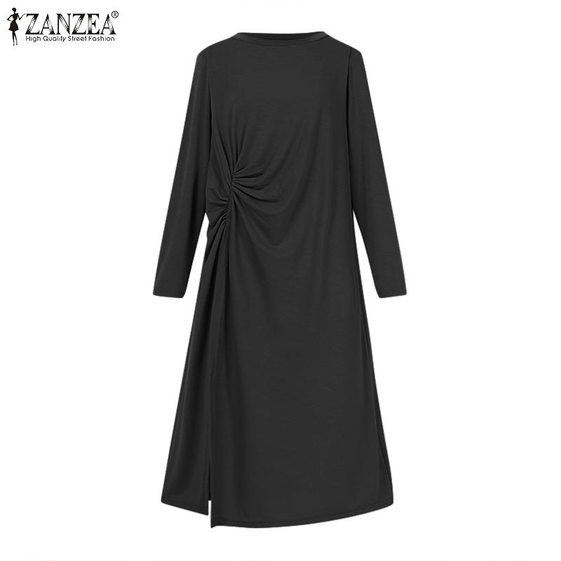 ZANZEA Damen Casual Langarm O-Ausschnitt Einfarbig Vorderschlitz Langes T-Shirt