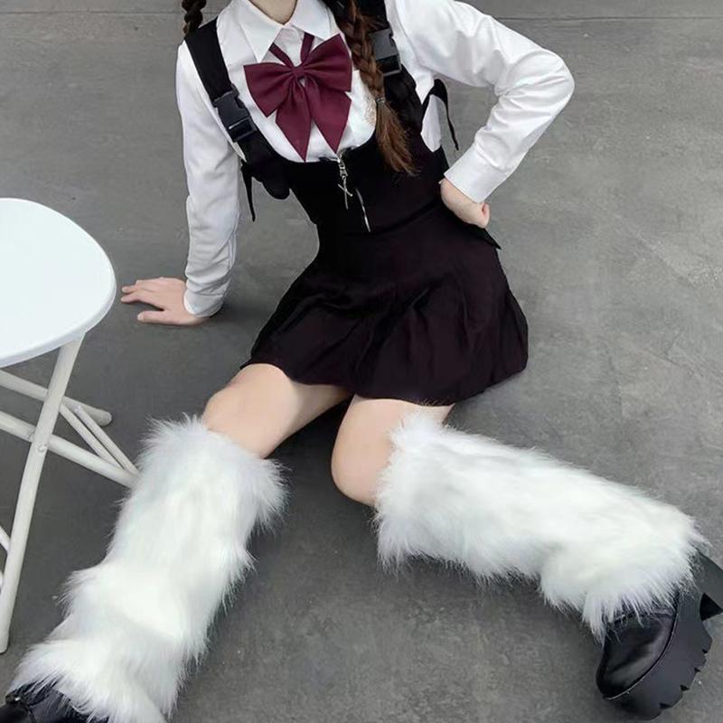 White Black Faux Fur Leg Warmers Boot Covers Goth Solid Leg Socks Punk Jk Knee-Length Hip Hop Hot Girl Fashion Warm Sock Gift