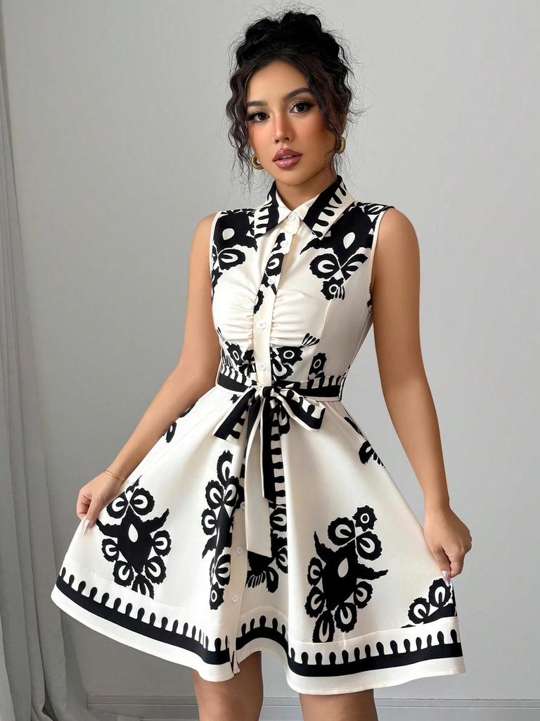 European & American Women's Summer 2025 Sleeveless Lace-up Waist-cinching Printed Dress