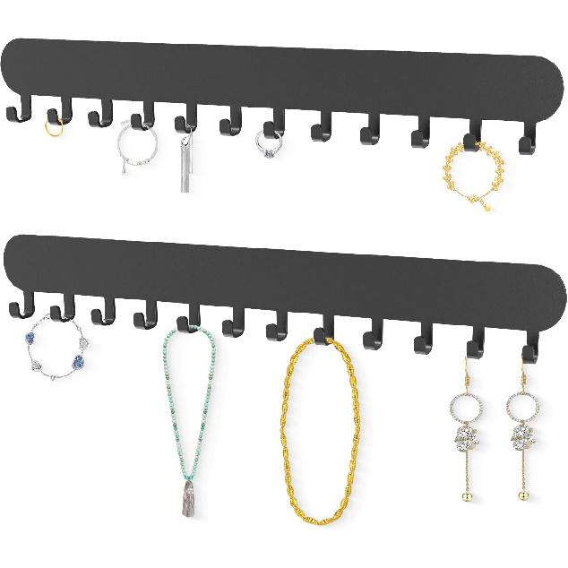 Necklace Holder - Hanging Jewelry Organizer, Self-Adhesive Wall Mounted for Necklaces, Bracelets, 2 Pack, Black Black-12 Hooks
