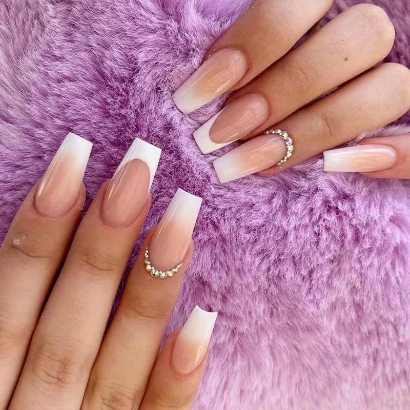 24Pcs French Long Ballet Square Fake Nails Removable Full Cover Press On Nails Acrylic False Nail Tips
