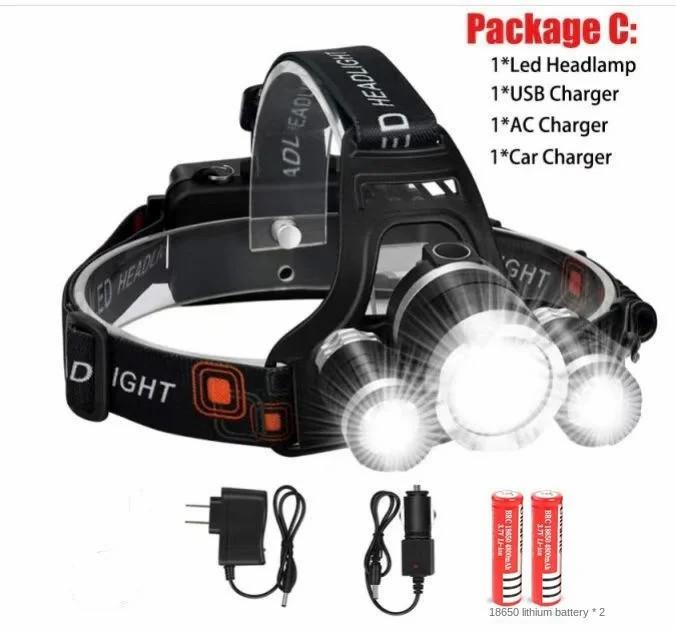 D2 Super Bright 3 Led Headlamp 18650 Battery Rechargeable Head Flashlight Torch 4-Mode Outdoor Camping Fishing Hunting Headlight