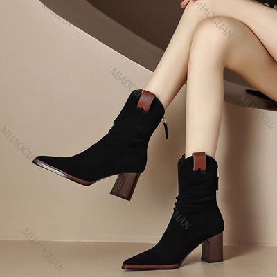 Fashion Autumn New Pleated Stacked Ankle Boots Pointed Toe Thick High Heels Suede V-Mouth Fashion Women's Shoe Solid Chelsea Short Botas