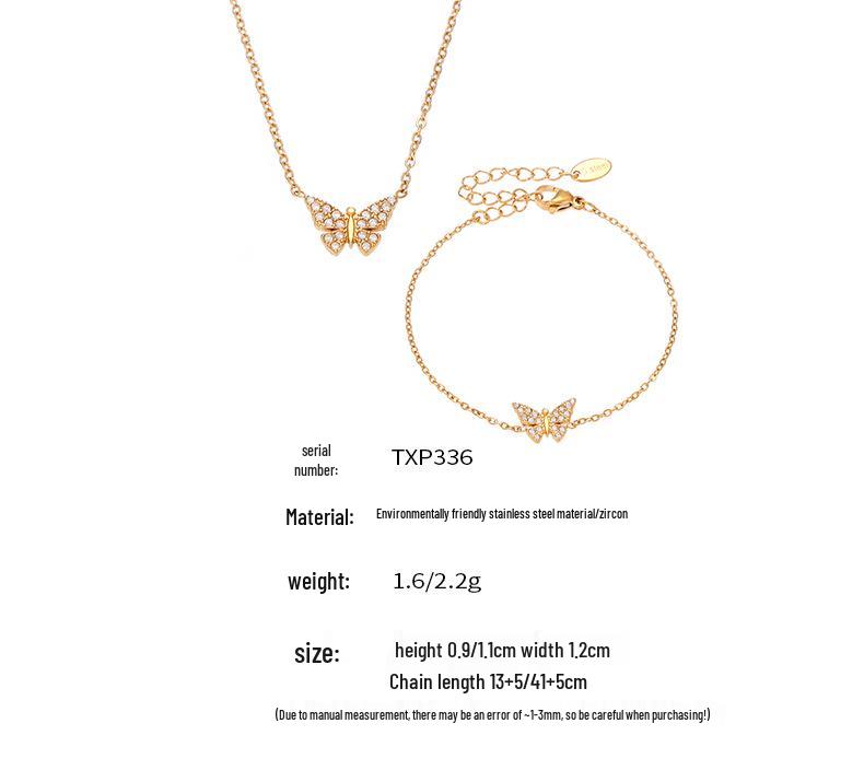 Oumaka Butterfly Zircon Clavicle Necklace & Bracelet Set - 5A Quality, Stainless Steel, Individual Design