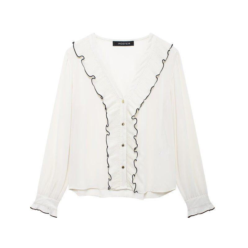 Fashion Style 2024 Fall and Winter New Women's Clothing Small Pleated Laminated Decoration Long Sleeves V-neck Shirt 8741249