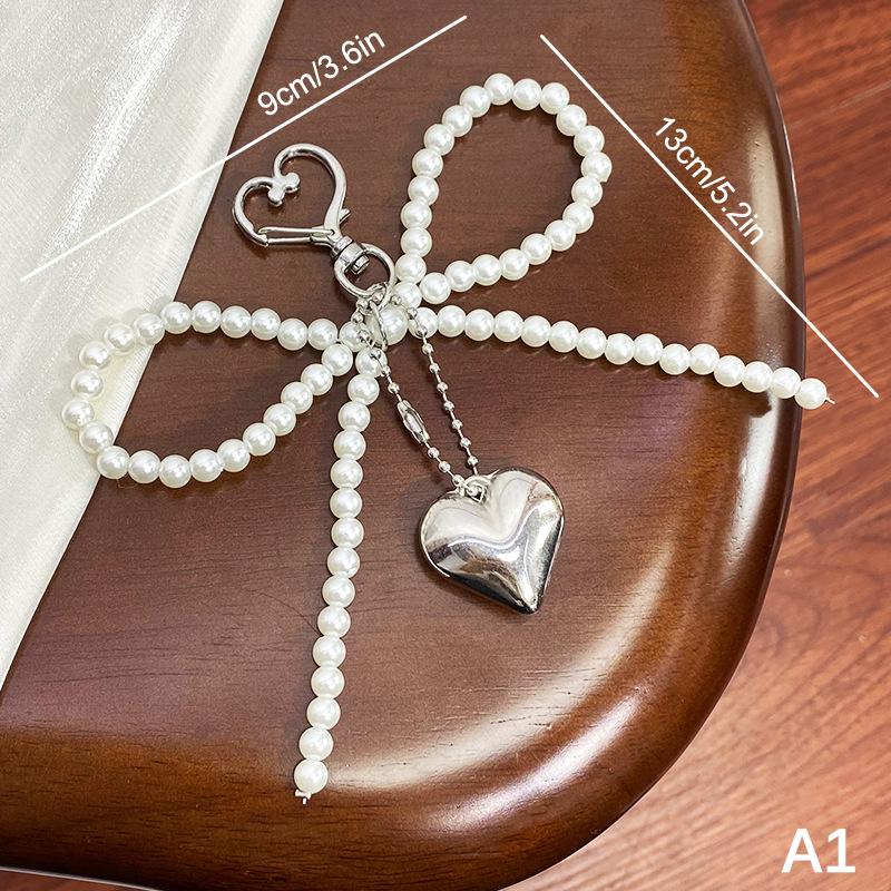 Korean Sweet Pearl Bow Keychain Heart Pendant Keyring Y2K Aesthetic Key Holder For Girls Bag Pendant Accessories