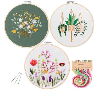 DIY Stamped Embroidery Starter Kit with Flowers Plants Pattern Embroidery Cloth Color Threads Tools