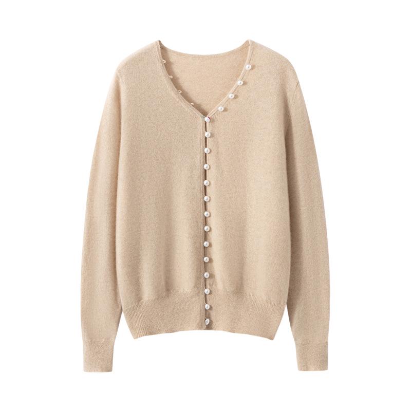 Women's 100% Cashmere Pearl-Embellished V-Neck Cardigan Sweater