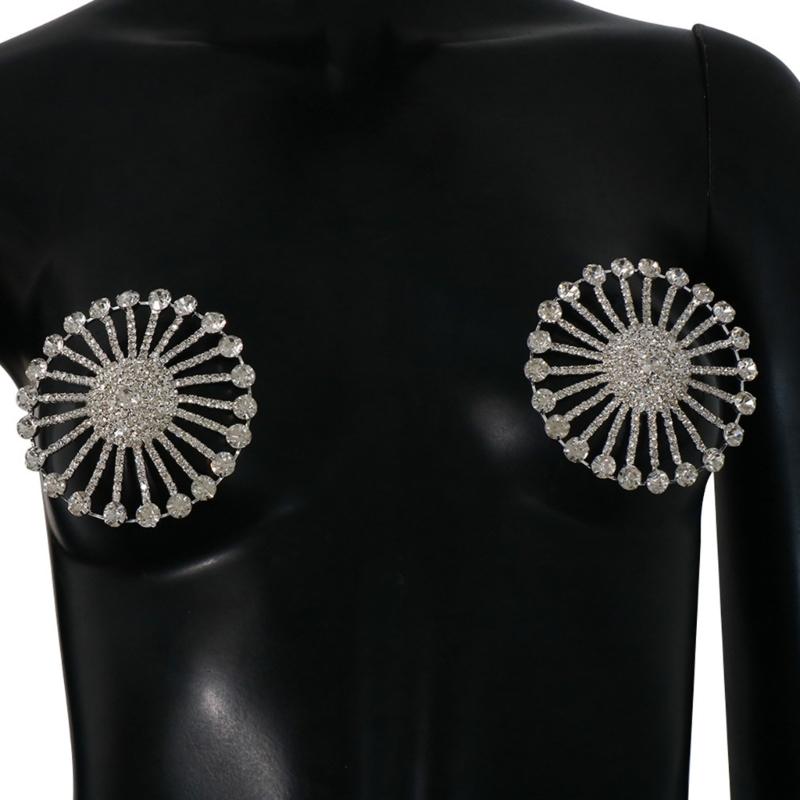 1Pair Round Rhinestones Pasties Sticky Bra Body Chain Reusable Pasty Breast Covers Boobs Stickers for Women Girls Gifts