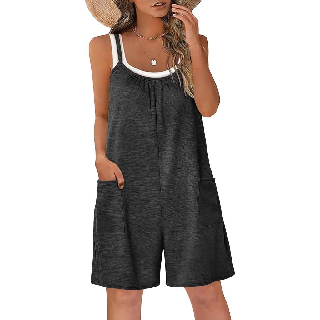 Womens Sleeveless Romper Casual Loose Tank Jumpsuit With Pockets Short Overalls Baggy Outfits