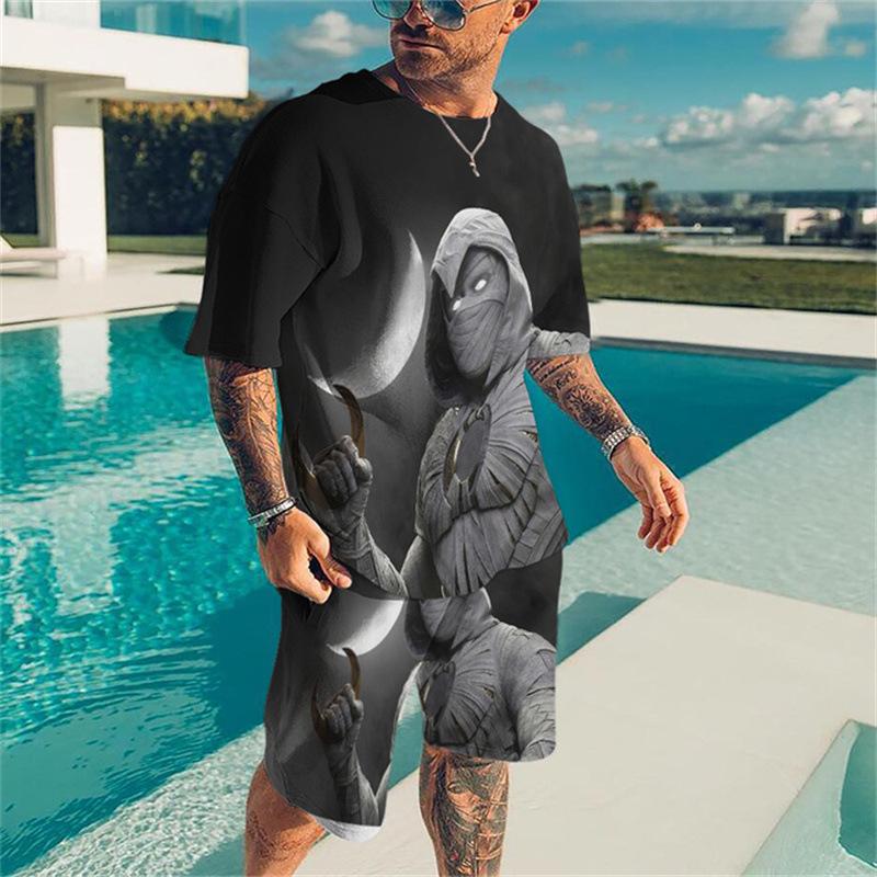 Men's Summer 3D Skull Leisure Set Fashionable Comfortable Loose Color Blocked Printed Sport Wear