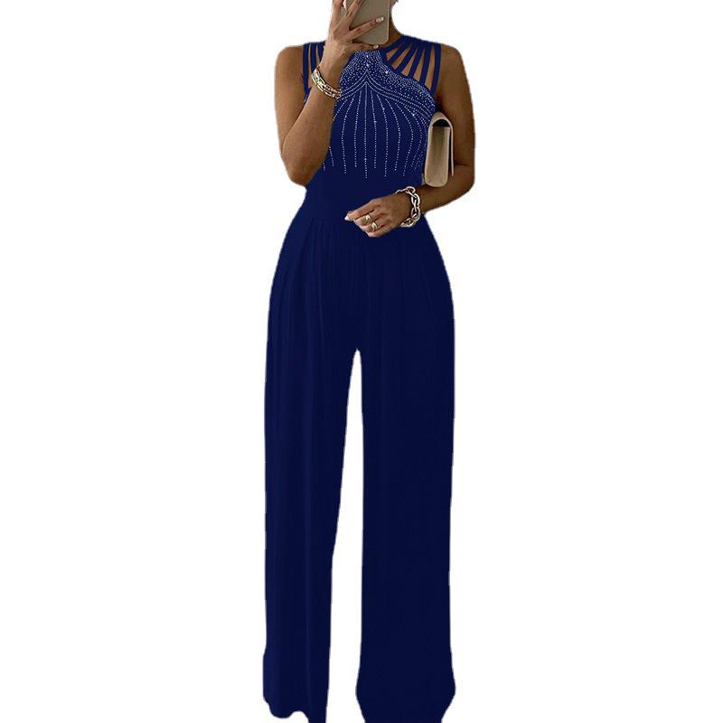 Women's Slimming Solid Color Jumpsuit with Brick Decoration - Summer Casual Long Pants