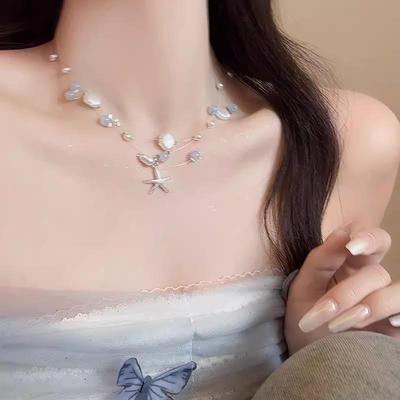 Colorful Starfish Shell Pearl Choker Necklace For Women Girls Elegant Multi-Layered Clavicle Necklace Sweet Aesthetic Jewelry