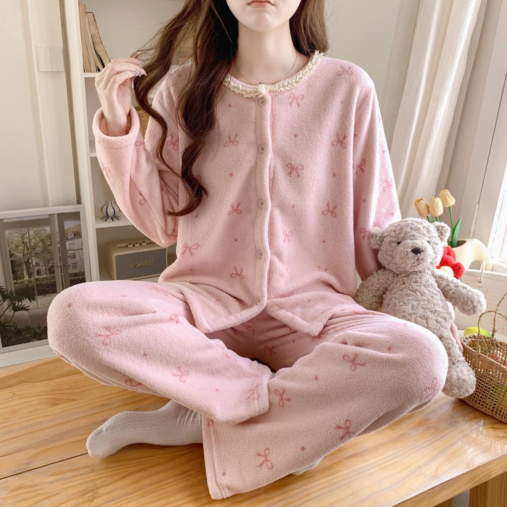 Herbst- und Winter Damen Frischer und Bequemer Pyjama Dick Warm Einfaches Hausanzug-Set