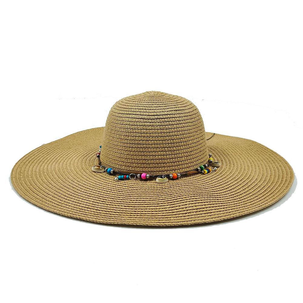 Ladies' Summer Straw Hat 13CM Large Brimmed Beach Hat Sunshade Hat Outdoor Beach Travel Hat Foldable