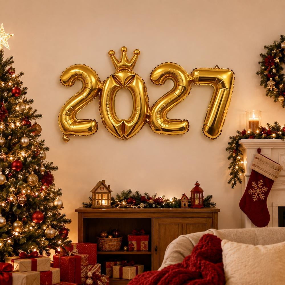 2027 Aluminiumfolien-Zahlenballon verbunden Neue-Jahr-Dekoration, Krone/Basis-Stil für Weihnachtsfeier Foto-Hintergrund