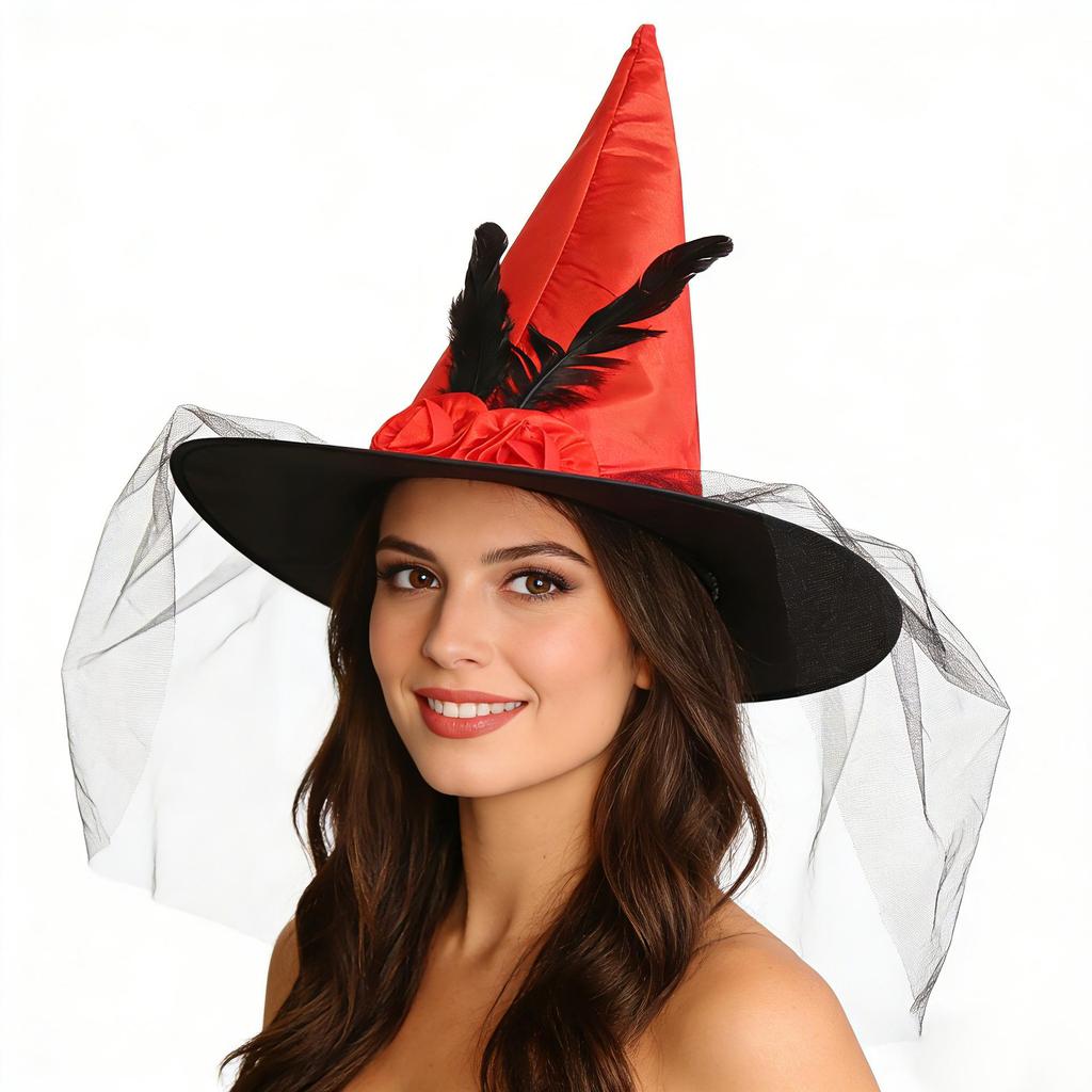 Halloween Witch Hat with Rose Flower Mesh for Adults & Kids - Masquerade Costume Party Accessory