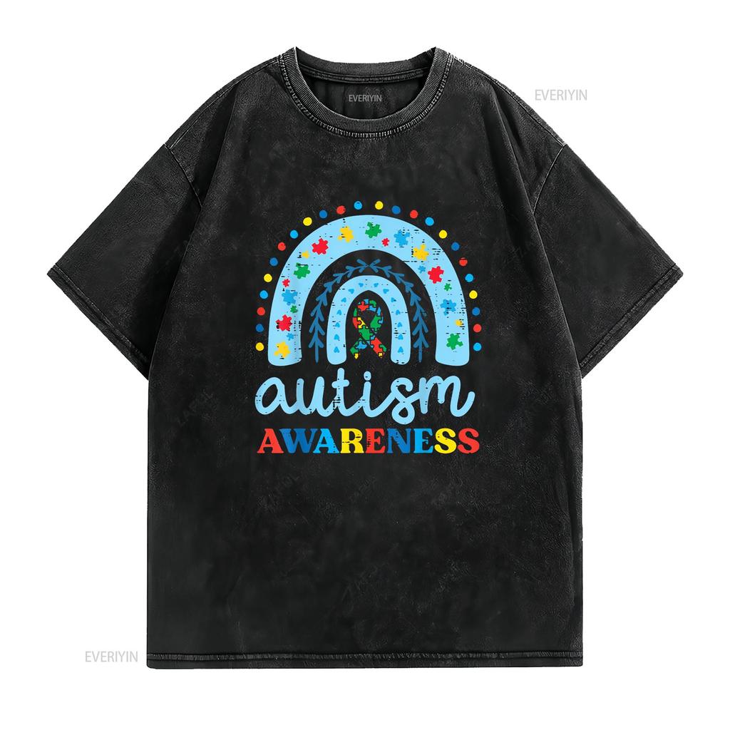 Autism Awareness Blue Rainbow Ribbon Asd Boys Kids T Shirt vintage Washed fashion Versatile Unisex Breathable homme Stretched