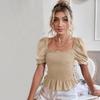 European & American Style French Square Neck Puff Sleeve Slimming T-shirt for Women - Summer Versatile Waist-Cinching Top.