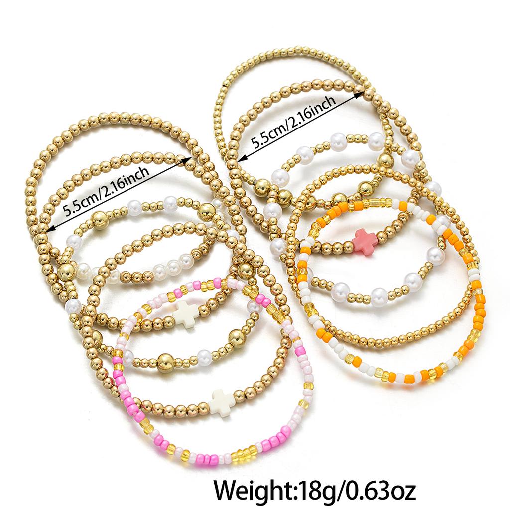 10 Bohemian style soft ceramic cross bead bracelet, multi-layer layered pink rice bead women's bracelet bracelet set