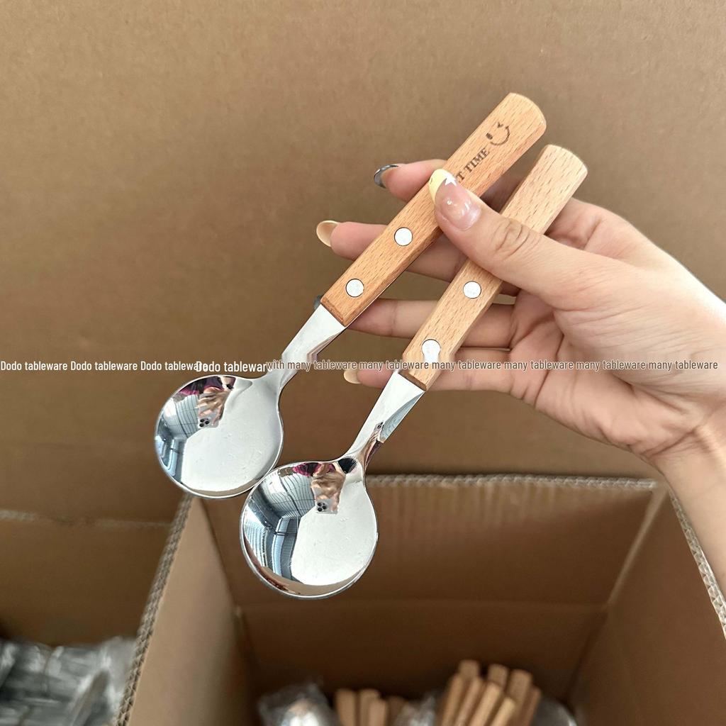 Stainless Steel Cutlery Set with Wood Handles and Smiley Logo - Knife, Fork, Spoon for Desserts and Dining.