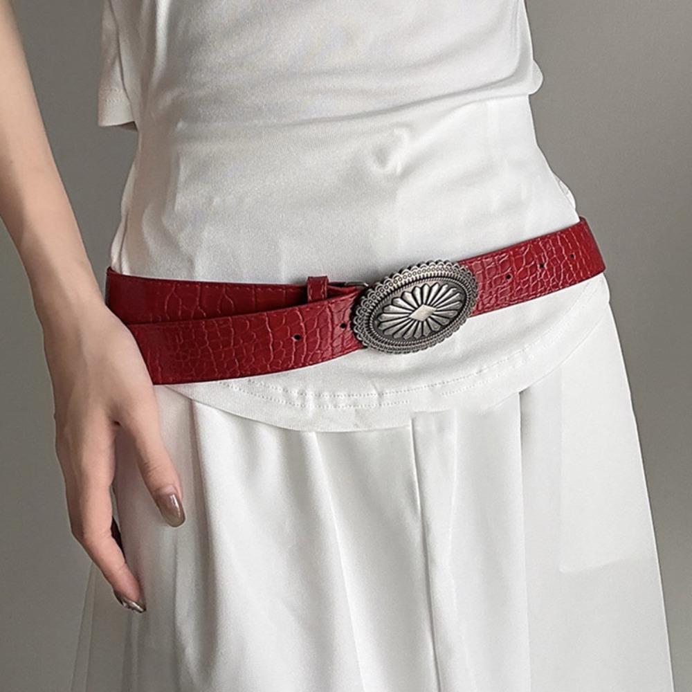 

Leather Women s Red Belt Oval Buckle Jeans Belt Simple Rivet Belt Wide Waistband 1