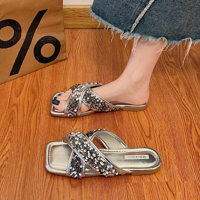 Fashion Aphixta Bling Sequined Decoration Flat With Slippers Cross Straps Casual Women Outside Slides Square Toe Summer Sandals Shoe