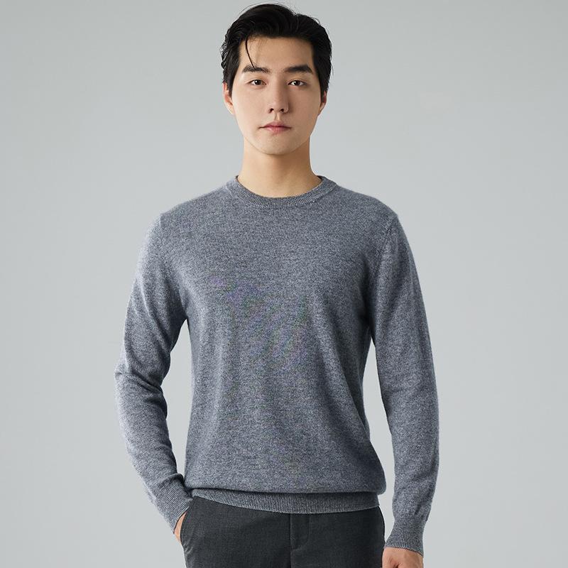 Crew neck cashmere shirt men's loose solid color sweater pullover with bottom knitted wool sweater