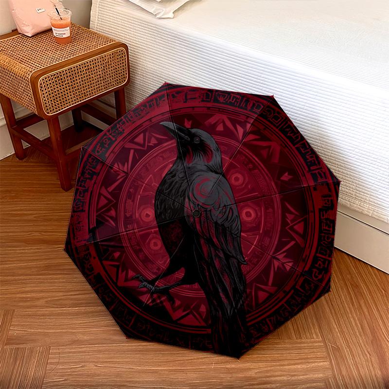 Rune Raven pattern, automatic folding umbrella, portable and foldable design, 8 ribs, a Christmas or birthday gift.