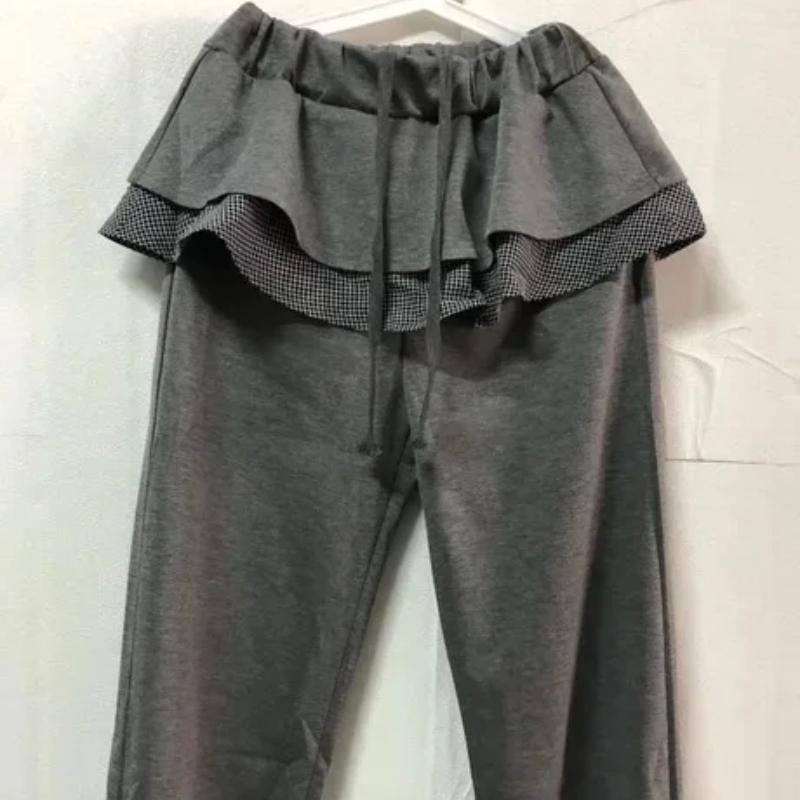 European and American Women's Autumn and Winter Cute Small Grid Lotus Leaf Patchwork Skirt Pants Elastic Waist Casual Pants