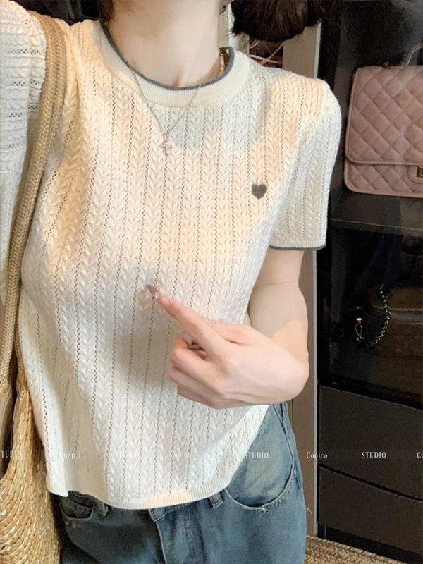 Chic Summer Heart Design Ice Silk Knitted T-shirt - Women's Short Sleeve Color Block Top