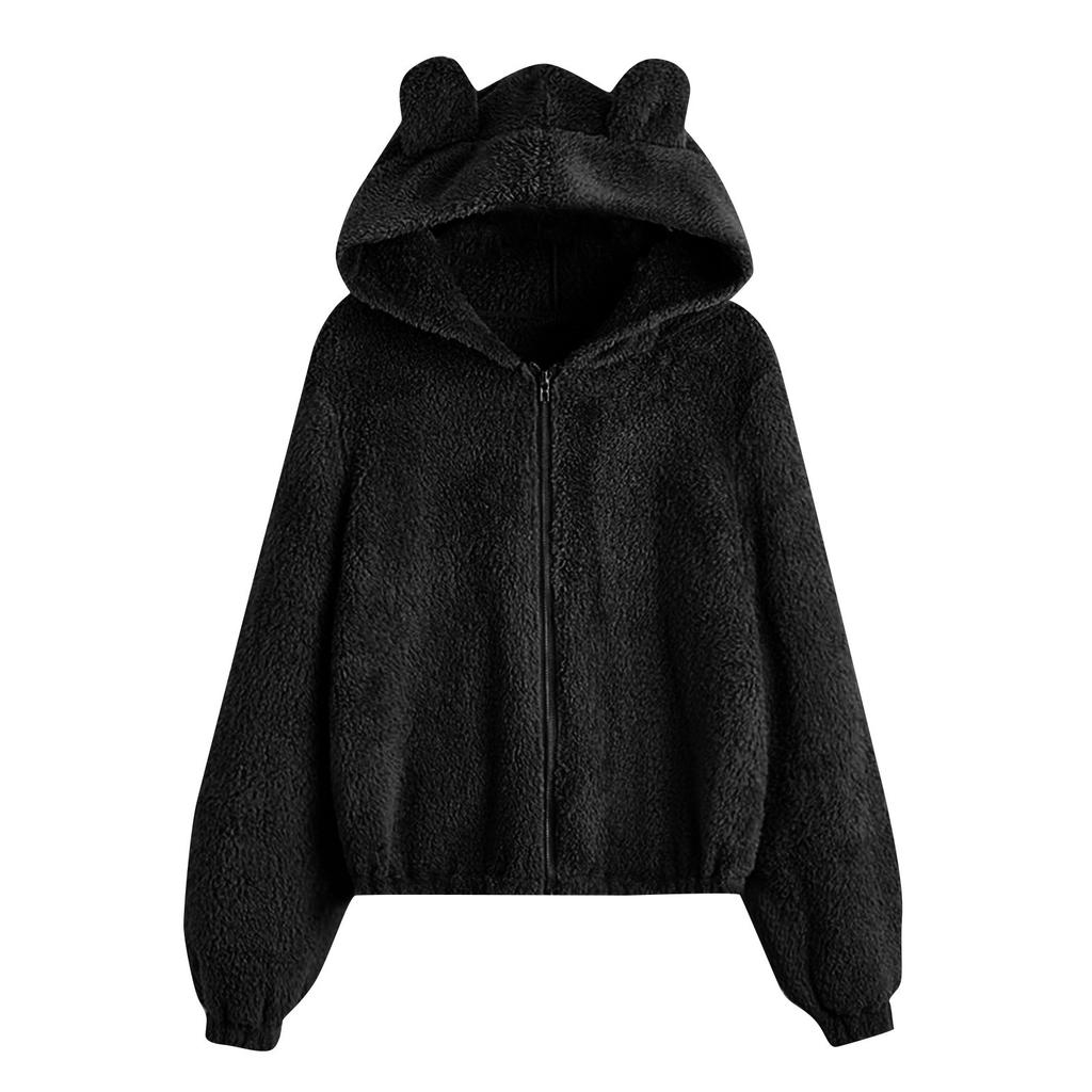Women's Fashion Solid Color Casual Loose Hooded Fleece Cardigan Jacket