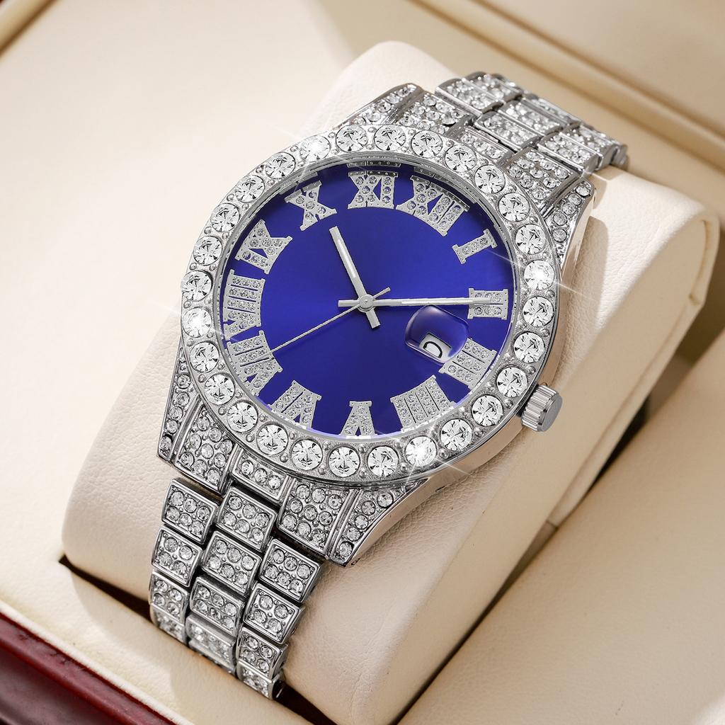 Fashion Full Diamond Men's Watch Stainless Steel Band Male Quartz Wristwatches Date Calendar Watches