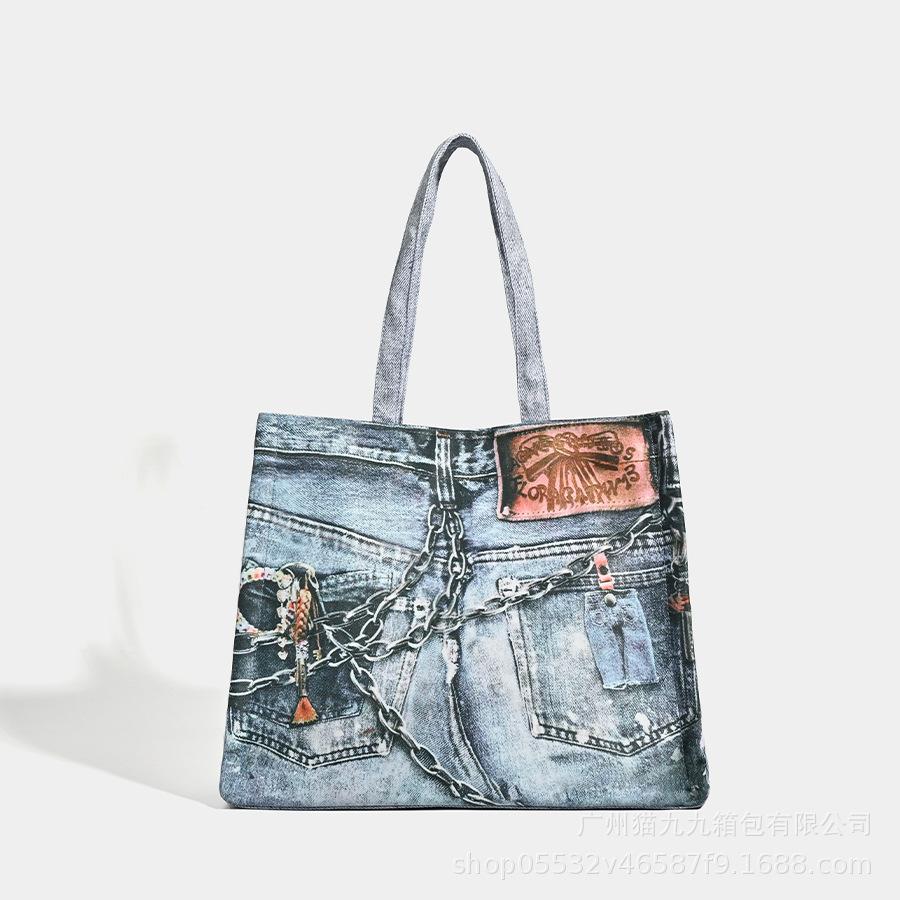 Nuova Borsa in Denim con Design Stampato, Borsa a Tote Lavata di Grande Capacità, Borsa a Mano Singola Spalla da Donna