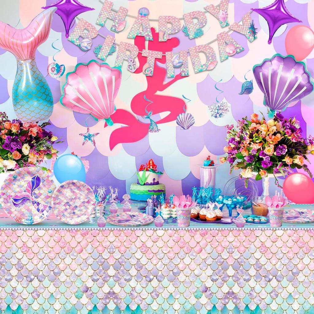 Mermaid Birthday Party Supplies Kit-132Pcs Mermaid Birthday Plates Tablecloth Balloons Etc Mermaid Birthday Decorations for Girls