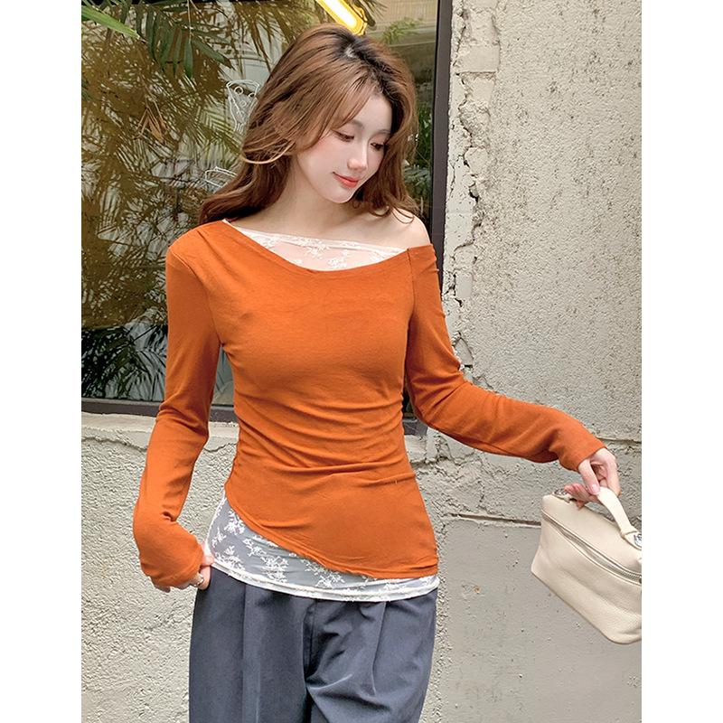 Sexy Lace Splicing Oblique Shoulder Long-sleeved T-shirt for Women In Spring Autumn Sexy Slimming Off-shoulder Top