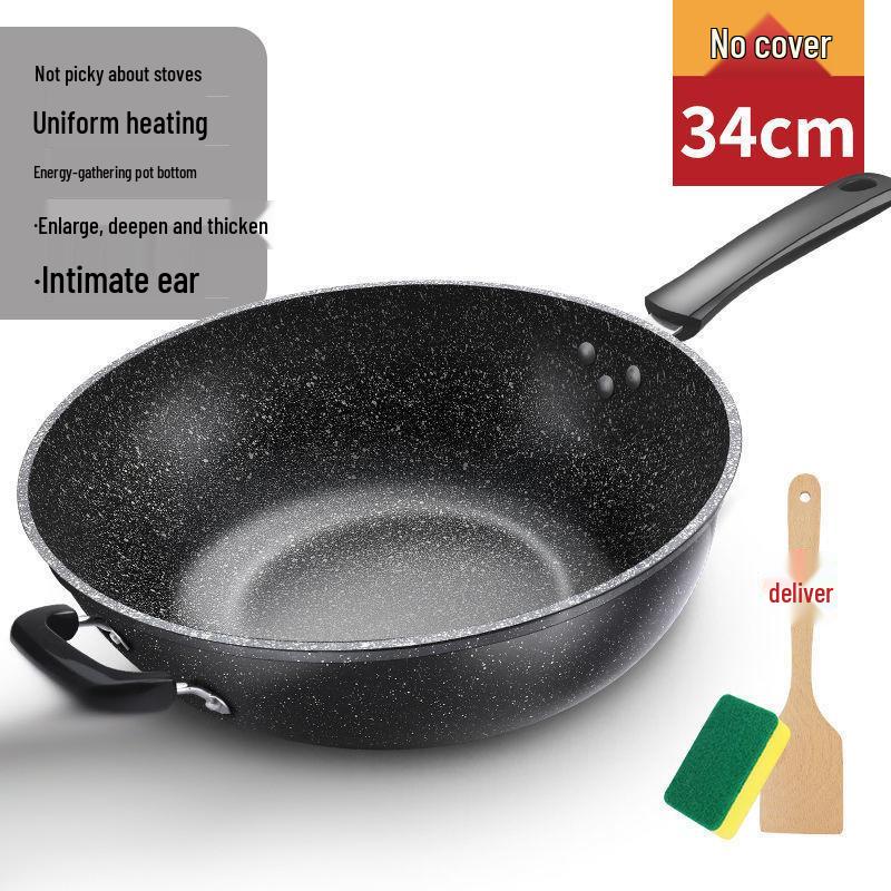 Maifan Stone Non-stick Wok Stir-fry Pan, Thickened Flat-bottom, Multi-layer Die-cast, Universal Stove Compatible.