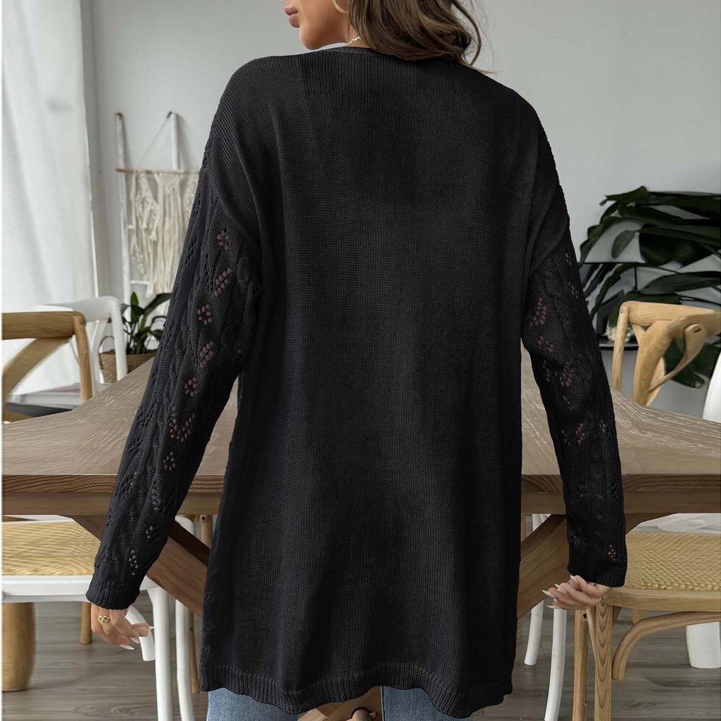 Dámský pletený kardigan s dlouhým rukávem, jednobarevný, střední délky, svetr