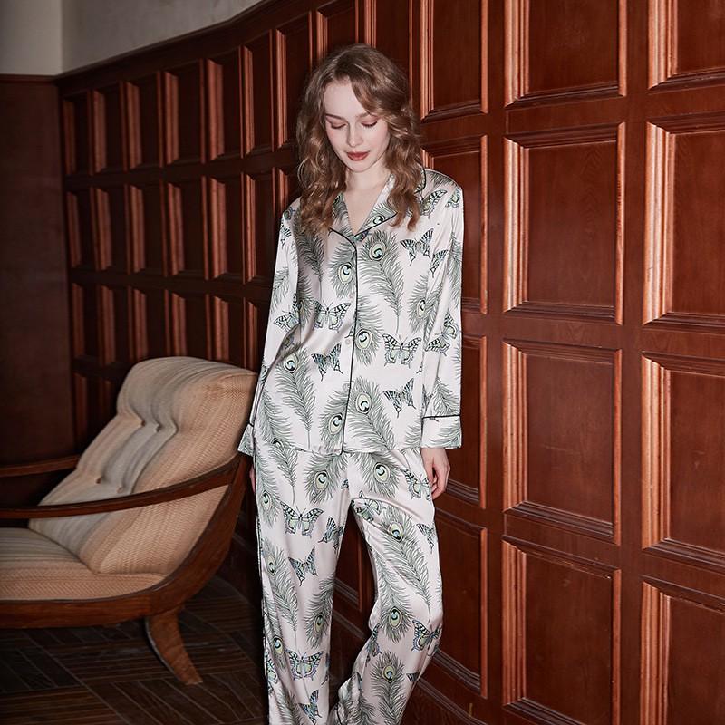 White Peacock Feather Silk Blend Loungewear Set Women Thin Long Sleeve Pajamas