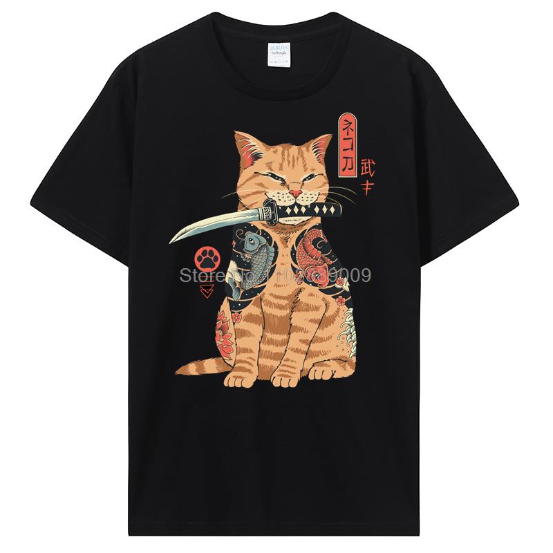 Summer New Men Japanese Samurai Cat Graphic T Shirt Fashion Casual Personality Cool T-shirt Print Cotton Tees Tops