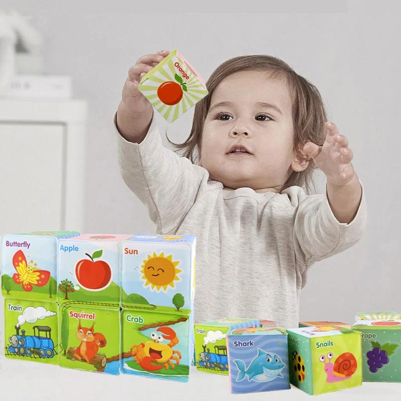 Infant Montessori Early Education Picture Dice Baby Recognize Cute Animal Digital Soft Set Rattle Cube Building Block Toys