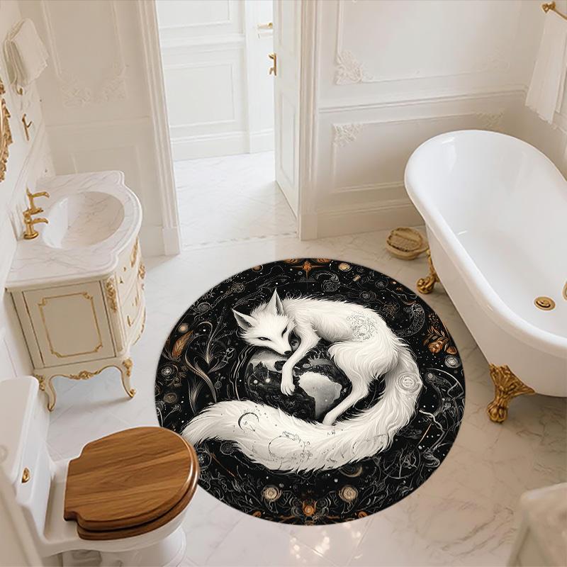 Black and White Fox,Round Area Rug,Carpet Rug for Living Room Bedroom Sofa Playroom Decor,Non-slip Floor Mat
