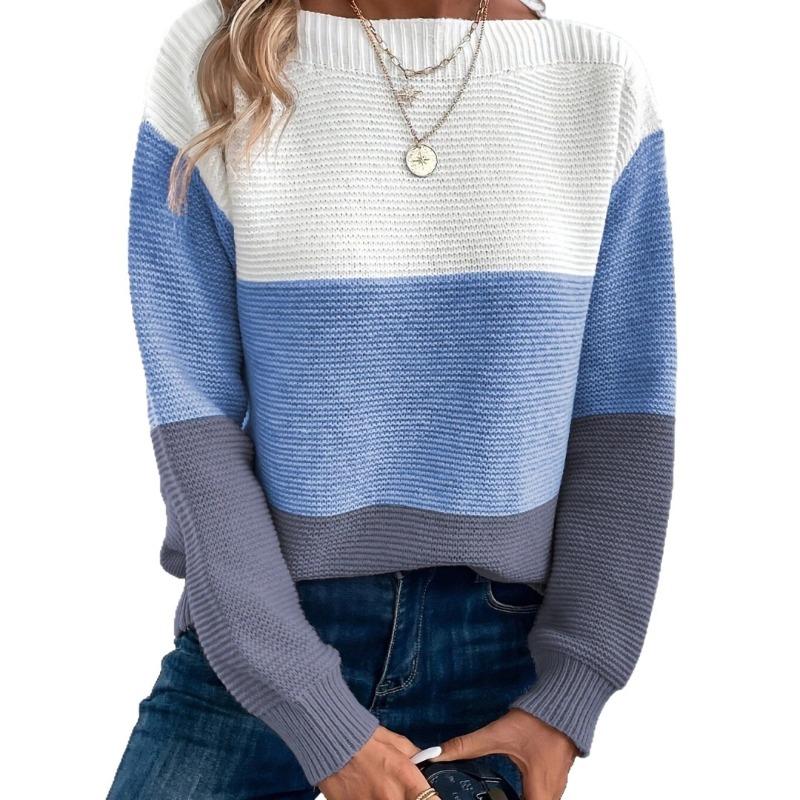 Autumn Winter Pullovers Loose Drop Shoulder Round Neck Color Matching Knitted Pullovers & Long Sleeves Ladies Sweater