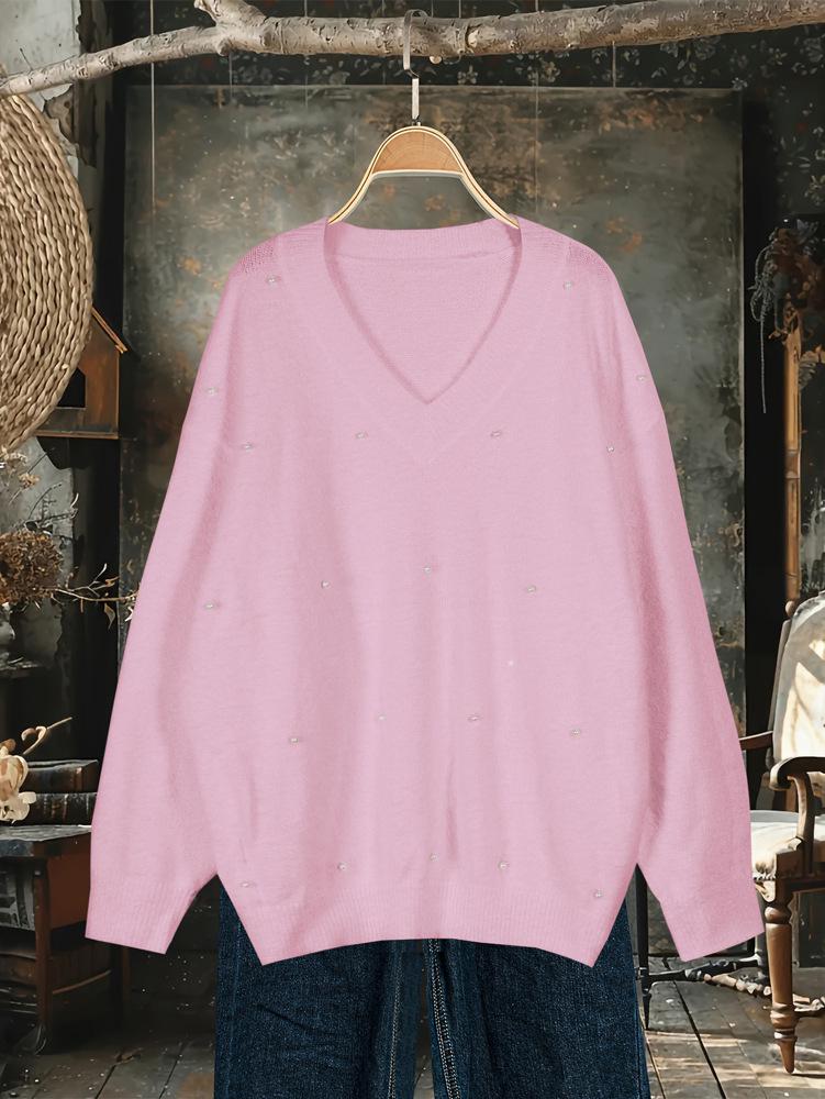 2025 A/W V-Neck Beaded Solid Color Sweater for Women