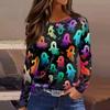 Women's Halloween Print Long Sleeve Top with Round Neck and Hem Slit