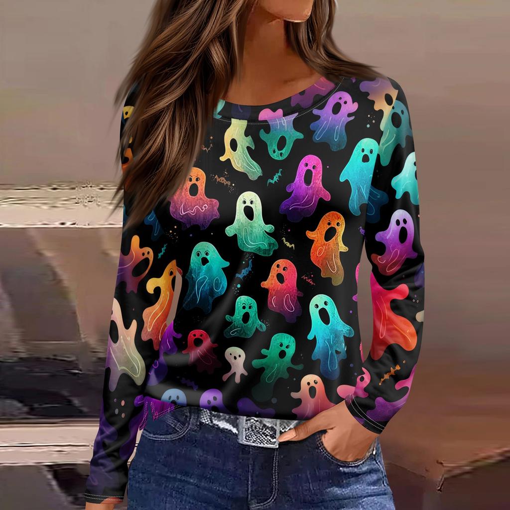 Women's Halloween Print Long Sleeve Top with Round Neck and Hem Slit